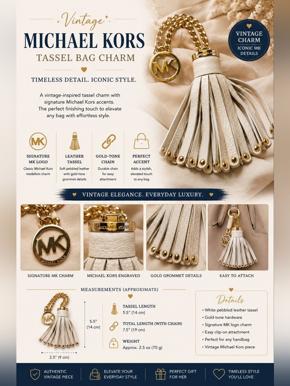 Michael Kors White Leather Tassel Bag Charm Gold Chain Keychain